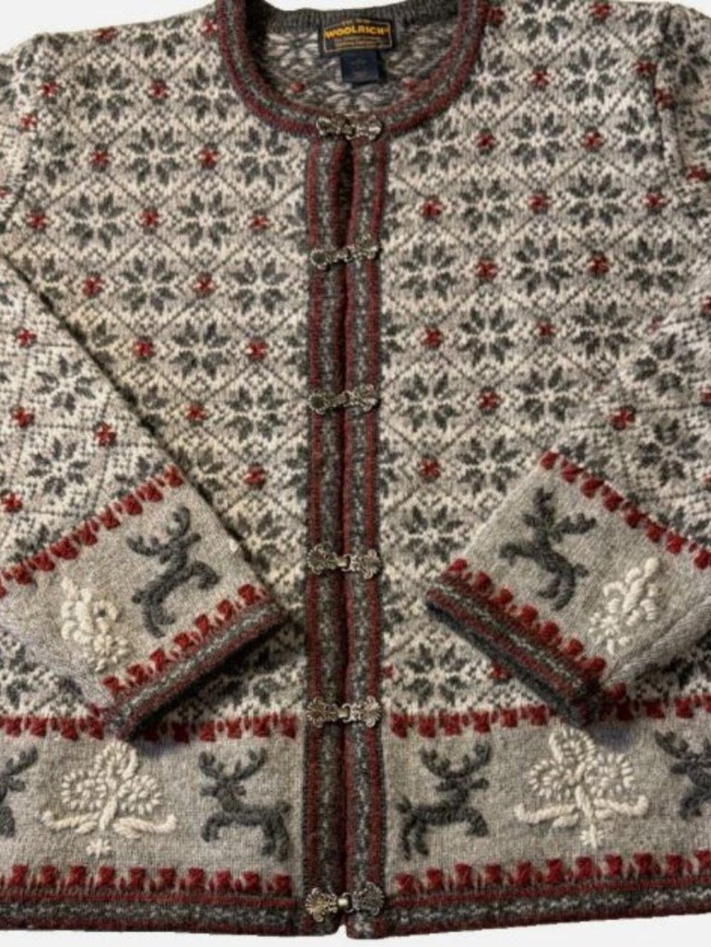 WOOLRICH Vintage Nordic Reindeer Metal Clasp Wool Cardigan Medium
